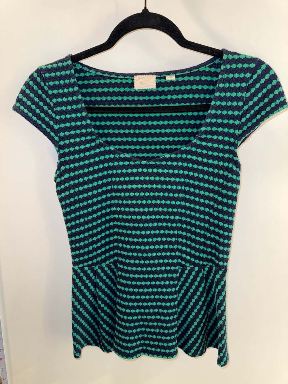 Postmark Anthropologie Green & Navy Textured Diamond Stripe Peplum Top Size XS